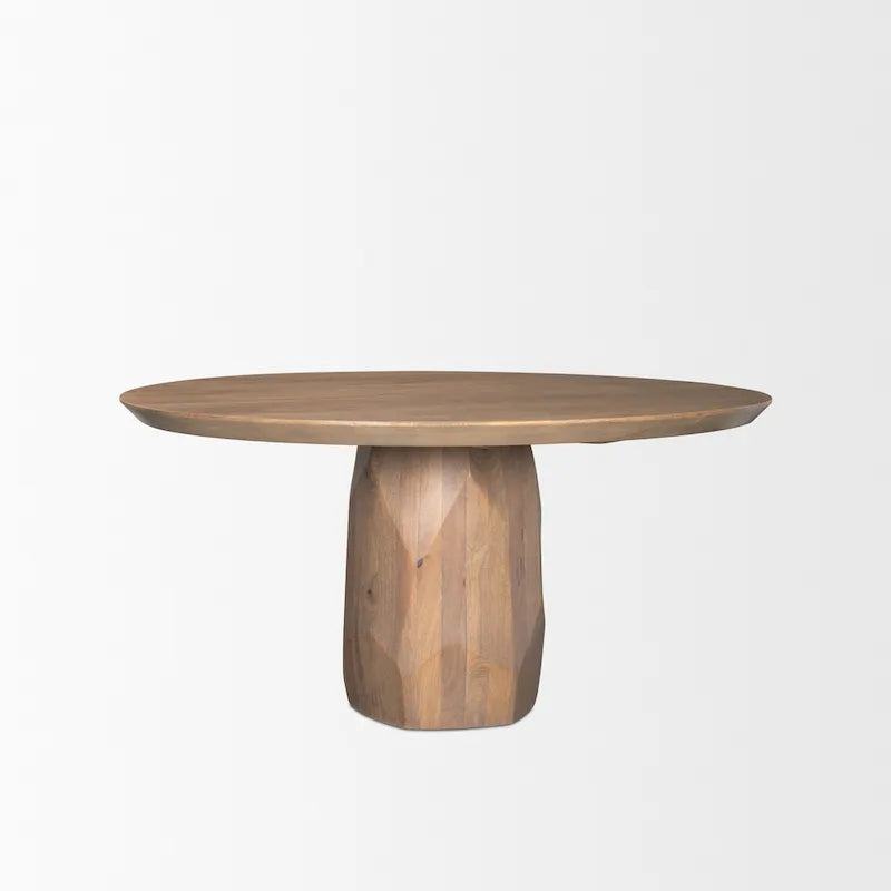 60-Inch Round Solid Wood Dining Table — Light Brown Beveled Sculpted Base