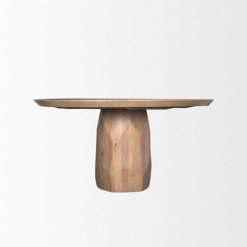 60-Inch Round Solid Wood Dining Table — Light Brown Beveled Sculpted Base