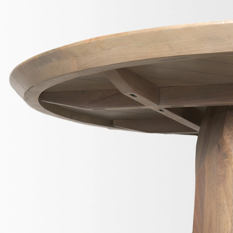 60-Inch Round Solid Wood Dining Table — Light Brown Beveled Sculpted Base