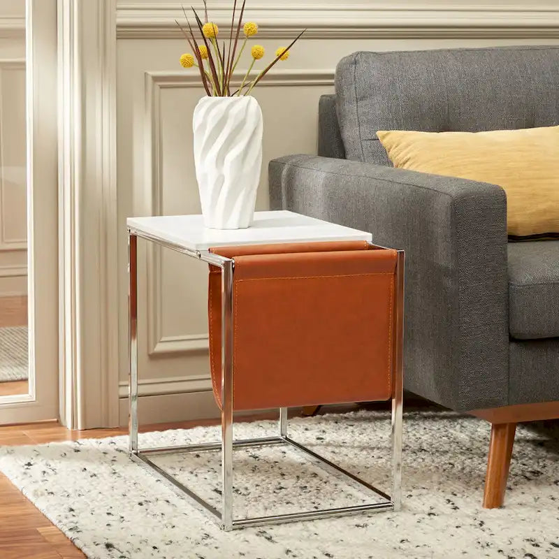 Industrial Side Table with Wooden Top & Black Metal Base — 22x14x20 Inches