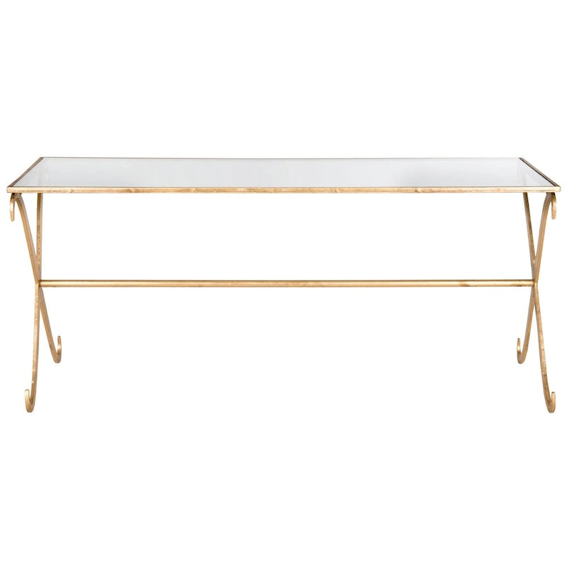 Gold Iron Coffee Table with Tempered Glass Top — 43x20x18 Inches