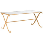Gold Iron Coffee Table with Tempered Glass Top — 43x20x18 Inches