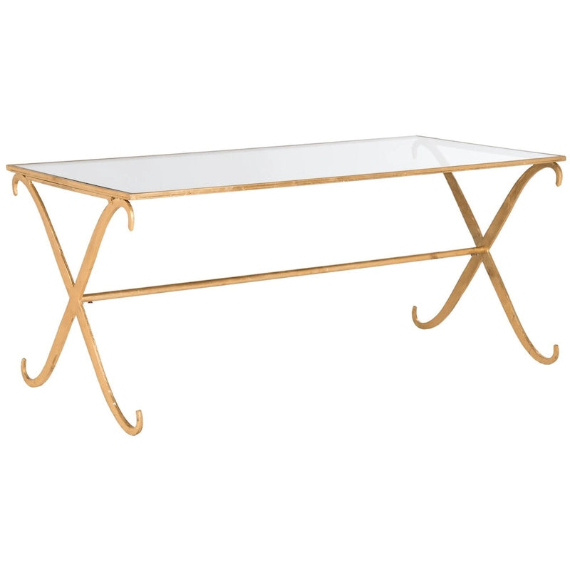 Gold Iron Coffee Table with Tempered Glass Top — 43x20x18 Inches