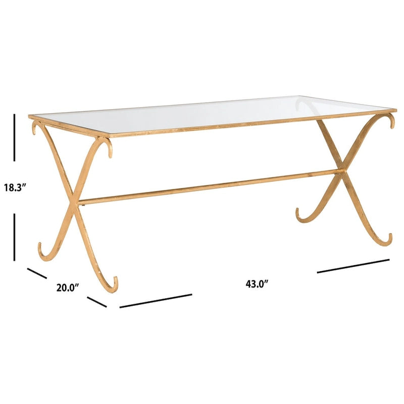 Gold Iron Coffee Table with Tempered Glass Top — 43x20x18 Inches