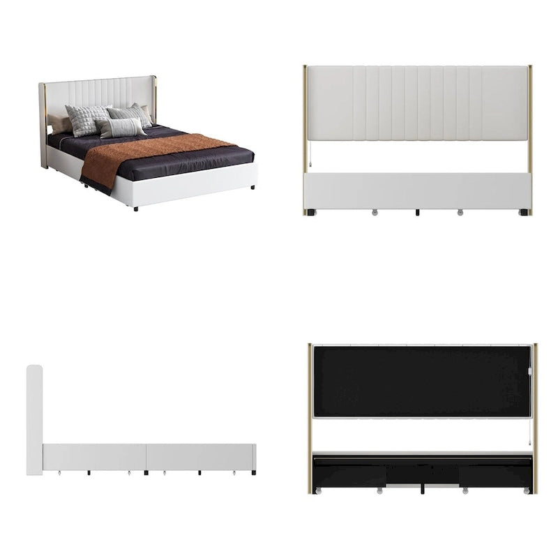 Modern Illuminated Bed Frame with Gold Trim - Chic Upholstered Design