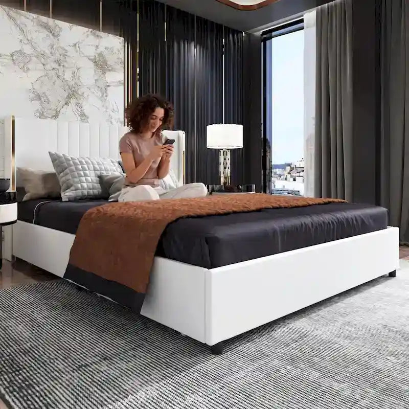 Modern Illuminated Bed Frame with Gold Trim - Chic Upholstered Design