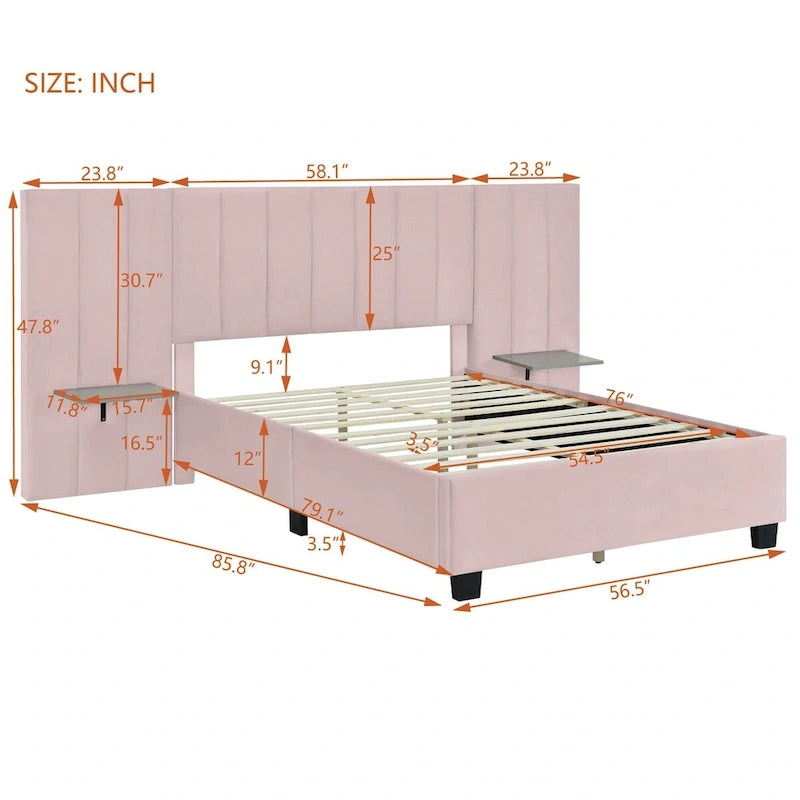 Full Size Velvet Upholstered Platform Bed with Big Headboard, Bedroom Furniture