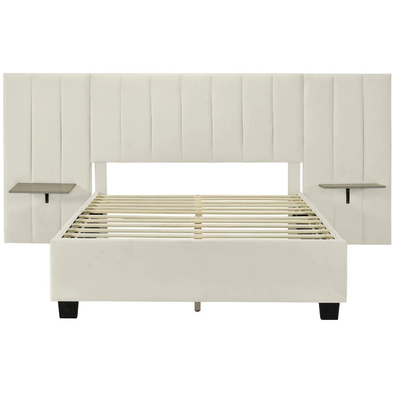 Full Size Velvet Upholstered Platform Bed with Big Headboard, Bedroom Furniture
