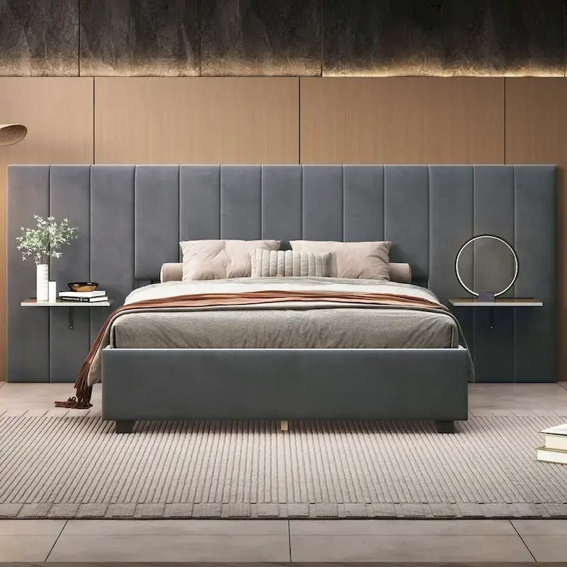 Full Size Velvet Upholstered Platform Bed with Big Headboard, Bedroom Furniture