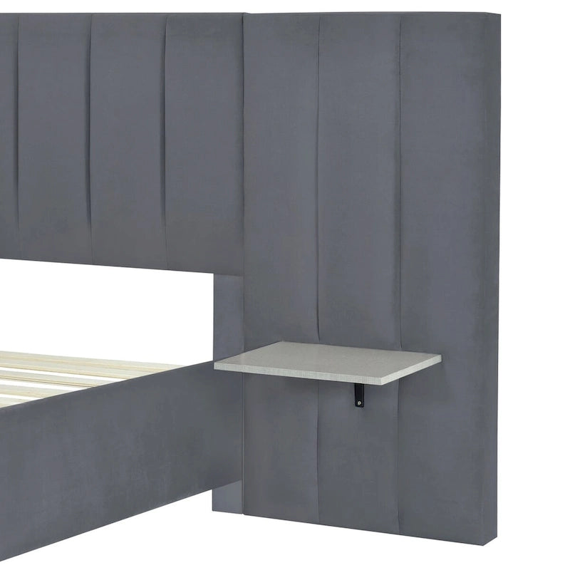Full Size Velvet Upholstered Platform Bed with Big Headboard, Bedroom Furniture