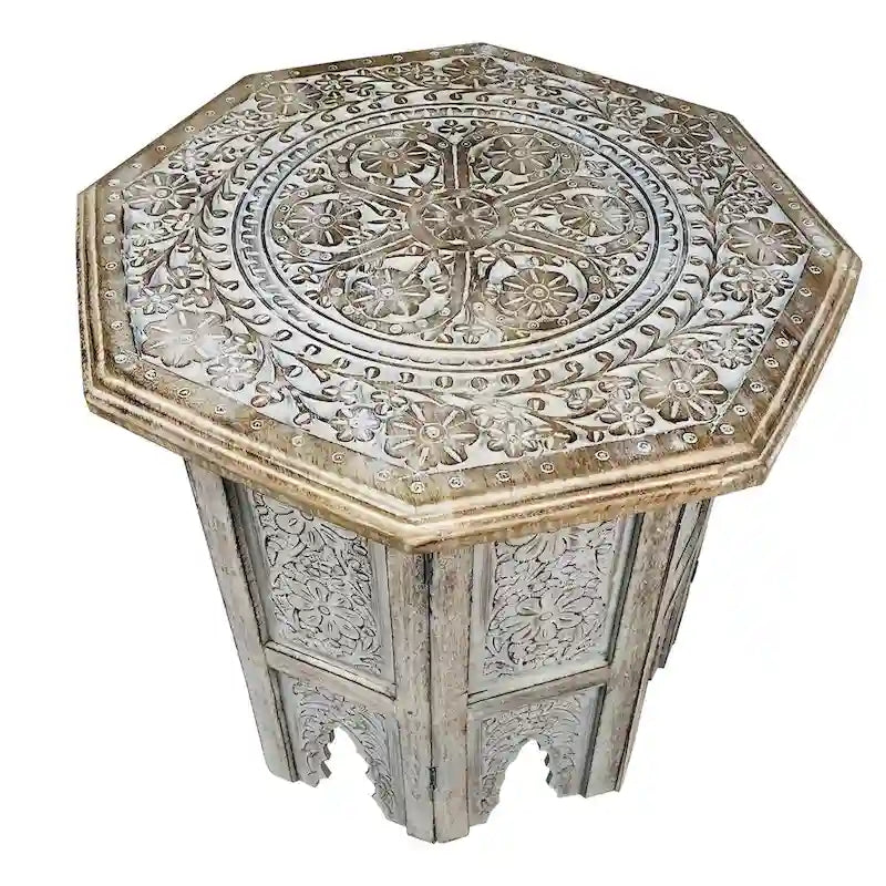 18-Inch Handcrafted Mango Wood Farmhouse Side Table — Octagonal, Antique Brown