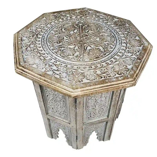 18-Inch Handcrafted Mango Wood Farmhouse Side Table — Octagonal, Antique Brown