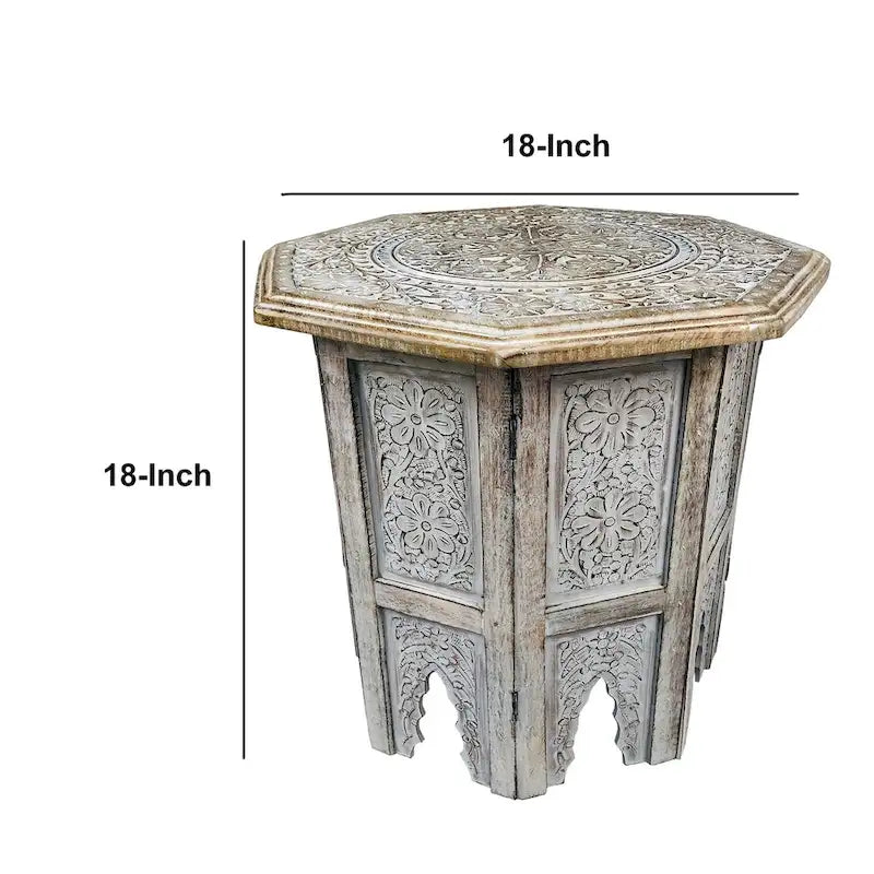 18-Inch Handcrafted Mango Wood Farmhouse Side Table — Octagonal, Antique Brown