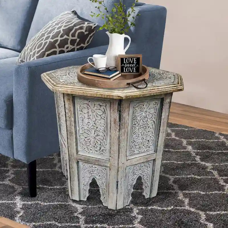 18-Inch Handcrafted Mango Wood Farmhouse Side Table — Octagonal, Antique Brown
