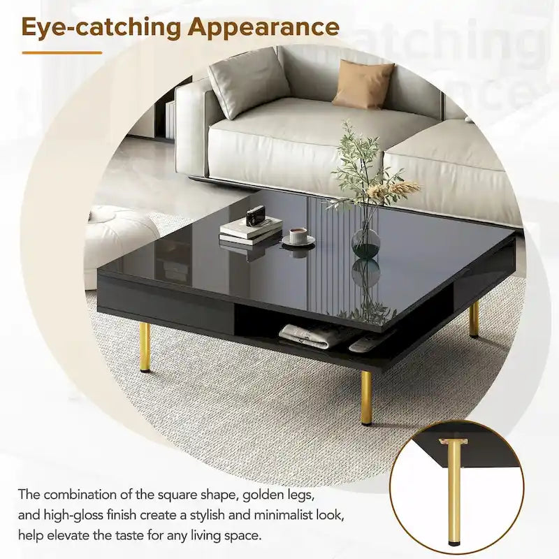 High Gloss Coffee Table: 4 Golden Legs, 2 Drawers, 2-Tier Square Design