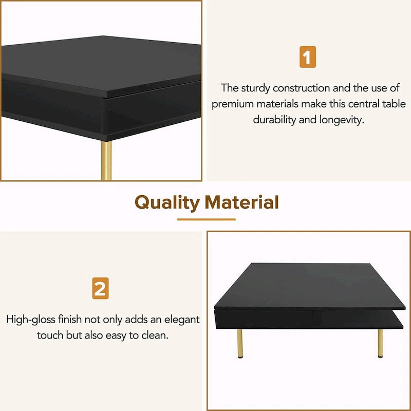High Gloss Coffee Table: 4 Golden Legs, 2 Drawers, 2-Tier Square Design