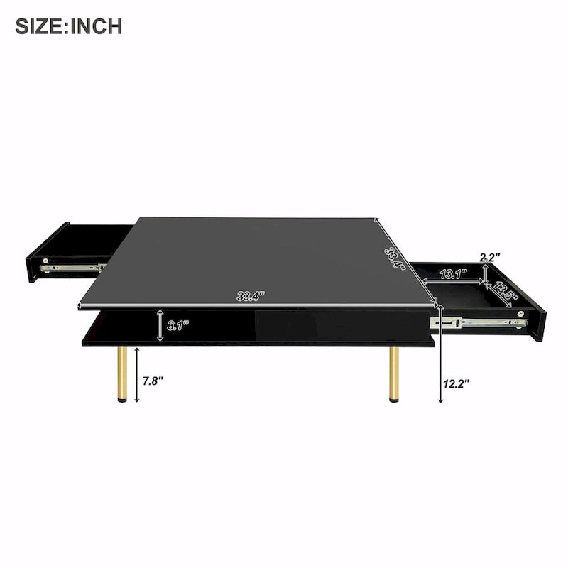 High Gloss Coffee Table: 4 Golden Legs, 2 Drawers, 2-Tier Square Design