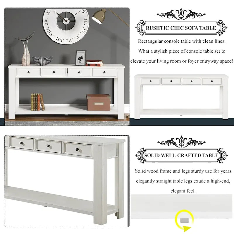 63 Pine Wood Console Table with 4 Drawers and 1 Bottom Shelf