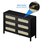 6-Drawer Rattan Double Dresser — Mid-Century Style with Gold Knobs