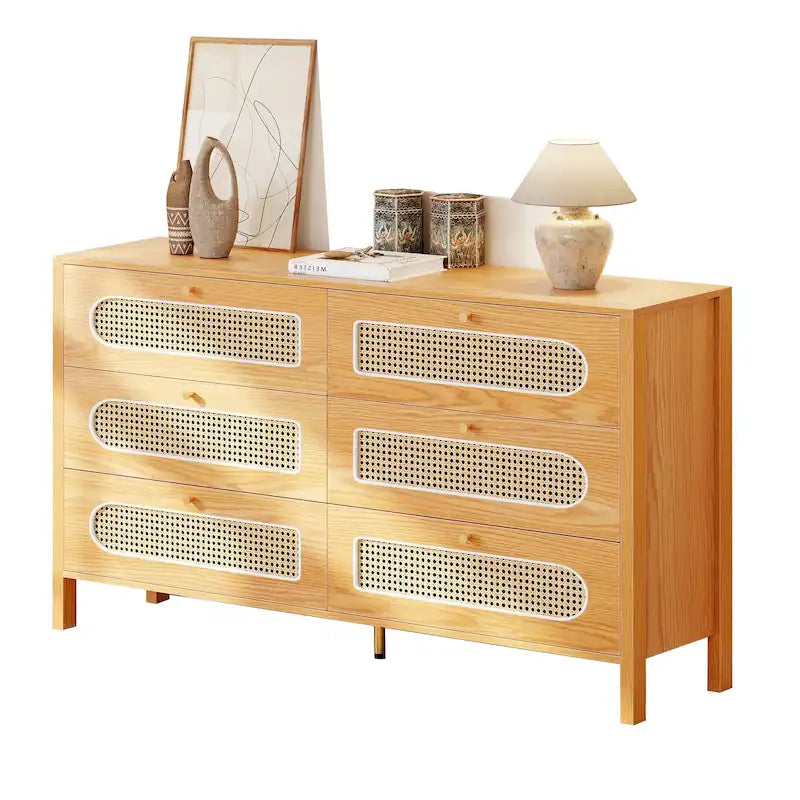 6-Drawer Rattan Double Dresser — Mid-Century Style with Gold Knobs