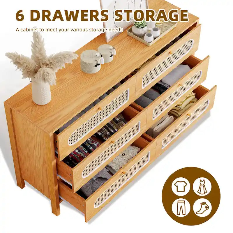 6-Drawer Rattan Double Dresser — Mid-Century Style with Gold Knobs