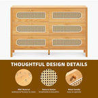 6-Drawer Rattan Double Dresser — Mid-Century Style with Gold Knobs