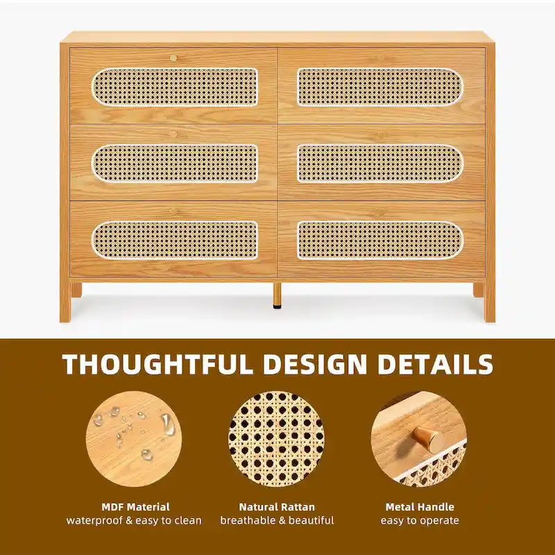 6-Drawer Rattan Double Dresser — Mid-Century Style with Gold Knobs
