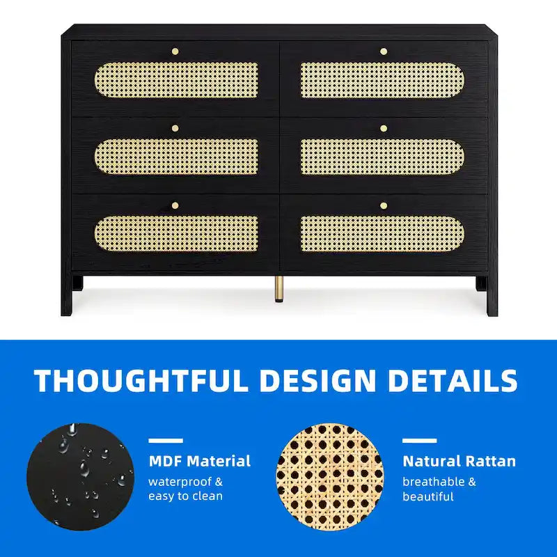 6-Drawer Rattan Double Dresser — Mid-Century Style with Gold Knobs