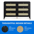 6-Drawer Rattan Double Dresser — Mid-Century Style with Gold Knobs