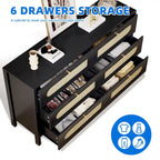 6-Drawer Rattan Double Dresser — Mid-Century Style with Gold Knobs