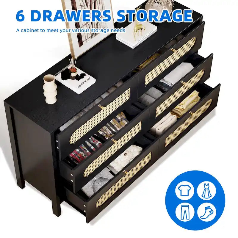 6-Drawer Rattan Double Dresser — Mid-Century Style with Gold Knobs
