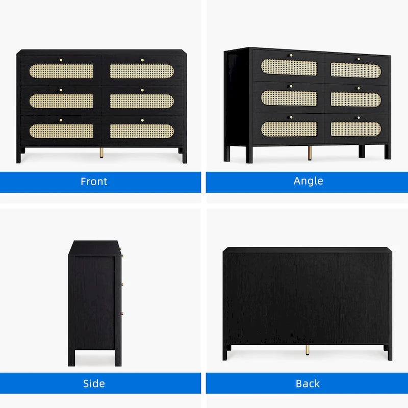 6-Drawer Rattan Double Dresser — Mid-Century Style with Gold Knobs