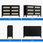 6-Drawer Rattan Double Dresser — Mid-Century Style with Gold Knobs