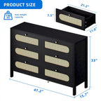6-Drawer Rattan Double Dresser — Mid-Century Style with Gold Knobs