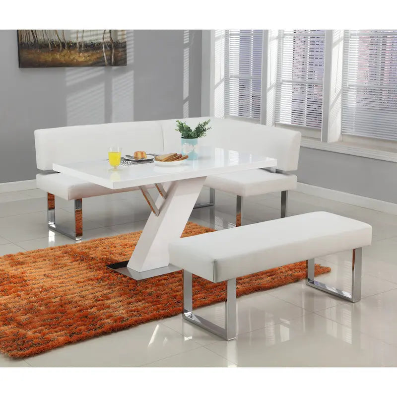 White Faux Leather Dining Bench — Polished Stainless Steel Legs, Contemporary