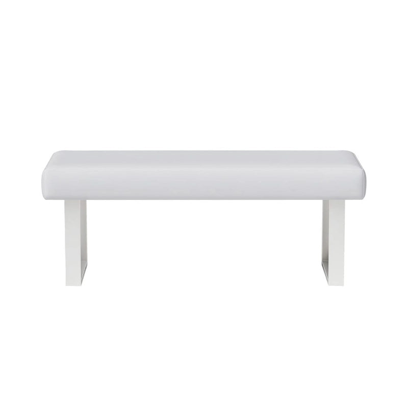 White Faux Leather Dining Bench — Polished Stainless Steel Legs, Contemporary