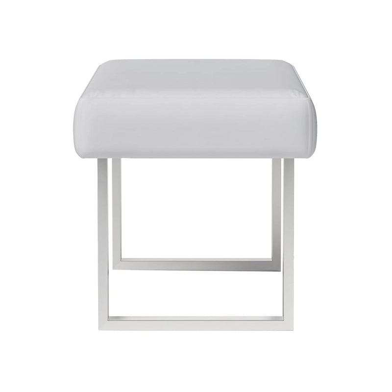 White Faux Leather Dining Bench — Polished Stainless Steel Legs, Contemporary