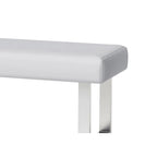 White Faux Leather Dining Bench — Polished Stainless Steel Legs, Contemporary