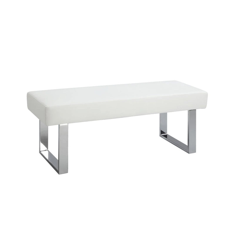 White Faux Leather Dining Bench — Polished Stainless Steel Legs, Contemporary