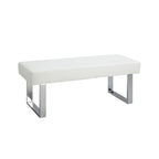 White Faux Leather Dining Bench — Polished Stainless Steel Legs, Contemporary